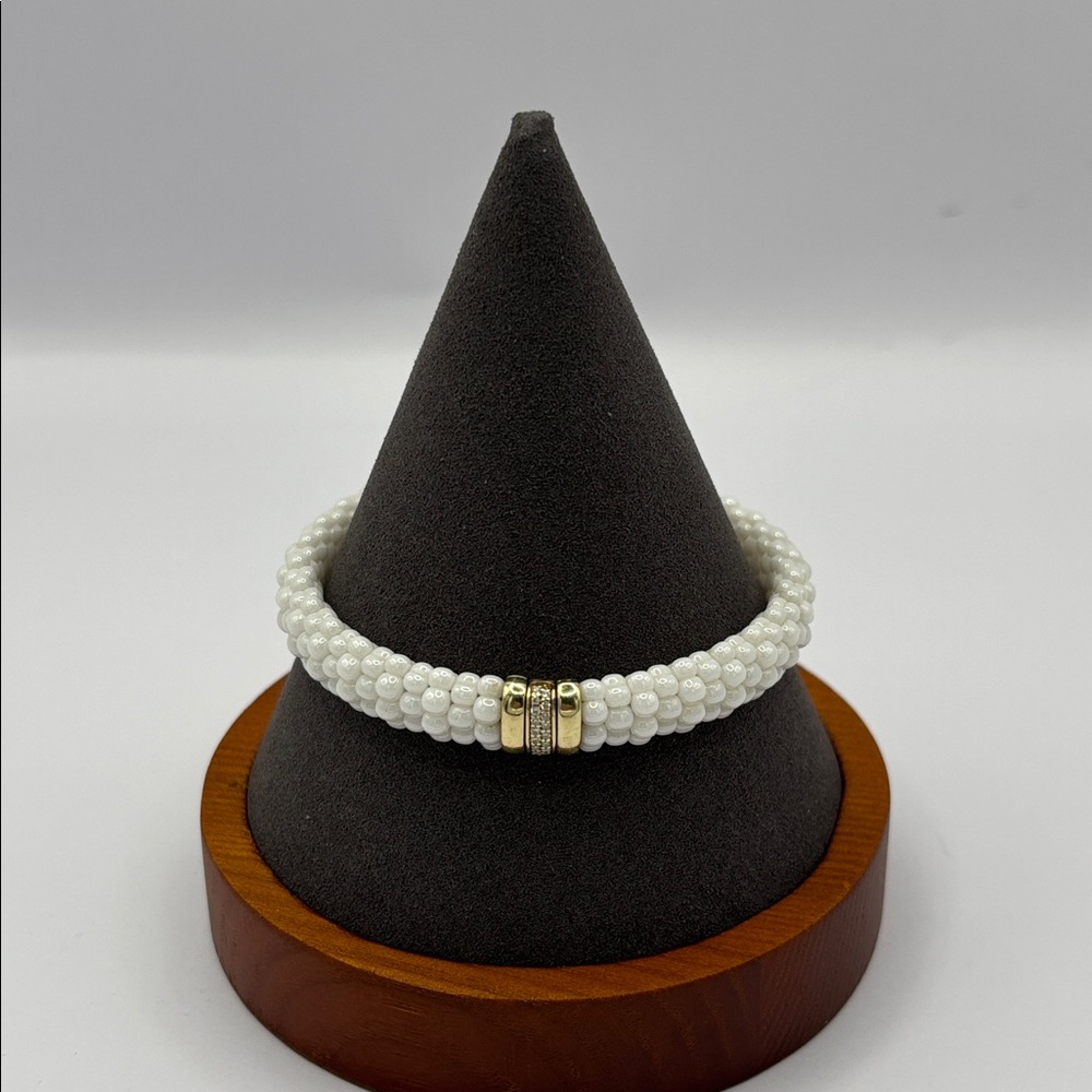 LAGOS White Caviar Single Station Ceramic Gold Diamond Bracelet 9mm Sz Medium
